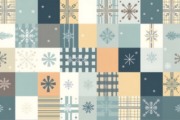 Winter Wonderland Patchwork: A charming seamless pattern featuring a patchwork of squares adorned with snowflakes and festive patterns in calming winter hues. Perfect for winter holidays.