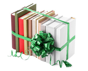 Many books with green bow as gift isolated on white