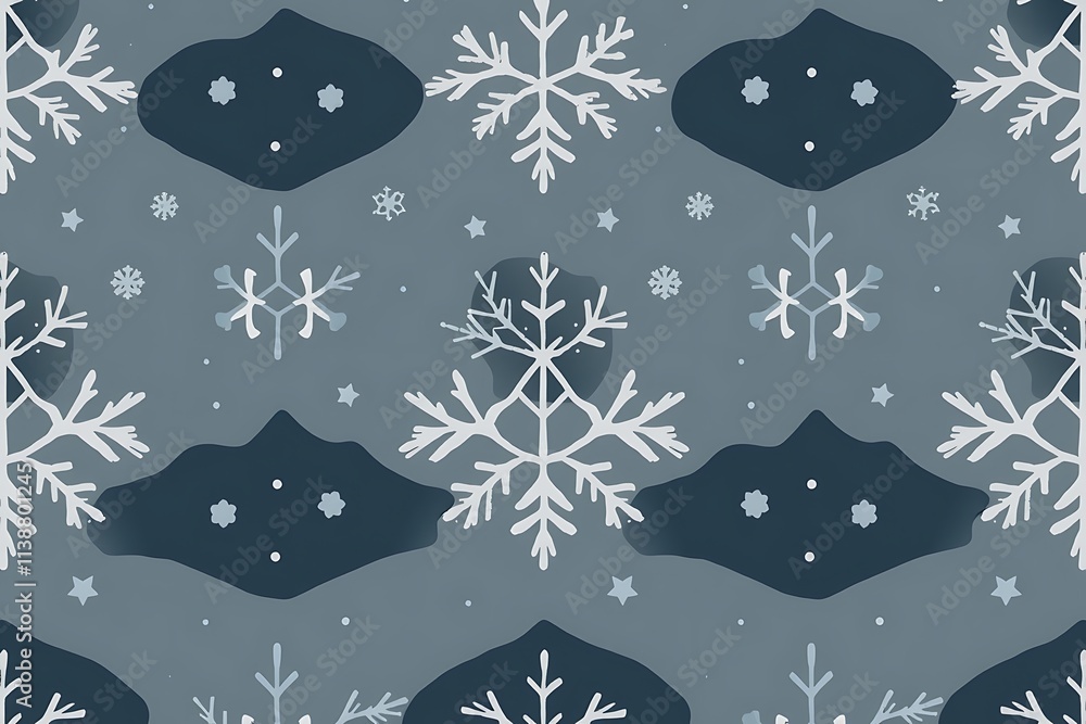 Poster winter wonderland: a seamless pattern featuring delicate snowflakes, abstract shapes and a cool blue