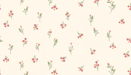 Seamless floral pattern with small red and pink flowers.