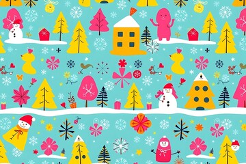 Obraz premium Winter Wonderland Pattern: A whimsical and colorful seamless pattern featuring snowmen, houses, trees, and snowflakes on a light blue background. Perfect for festive designs and winter celebrations. 