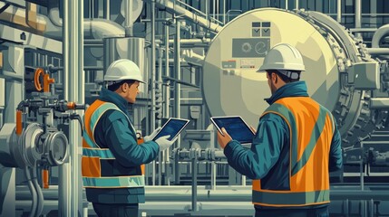 Fototapeta premium Workers inspect machinery using tablets.