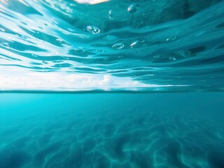 Fototapeta premium Beautiful blue ocean water surface with sunlight shining through the clouds, revealing the underwater world below, serene, tropical