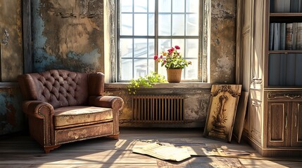 Vintage armchair in a sunlit room. Concept of cozy, rustic, and home.