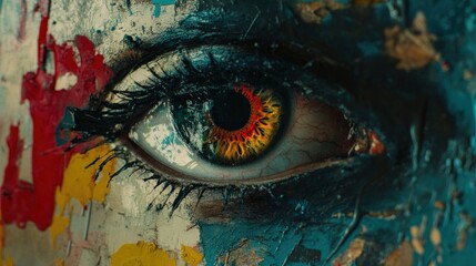 Close-up of an eye with colorful art on skin.