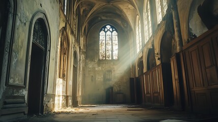 Fototapeta premium Abandoned Church Interior, Sunlight Rays. Concept of History, Decay, and Spirituality.