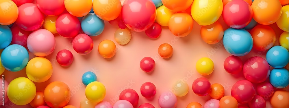 Poster colorful assortment of floating multicolored bubbles against a soft peach background