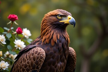 Majestic golden eagle perched amidst blooming roses in a serene garden