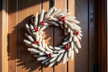 Festive pine wreath with red berries on wooden door