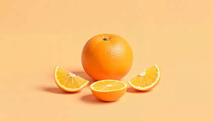 Fresh whole orange and sliced wedges on orange background