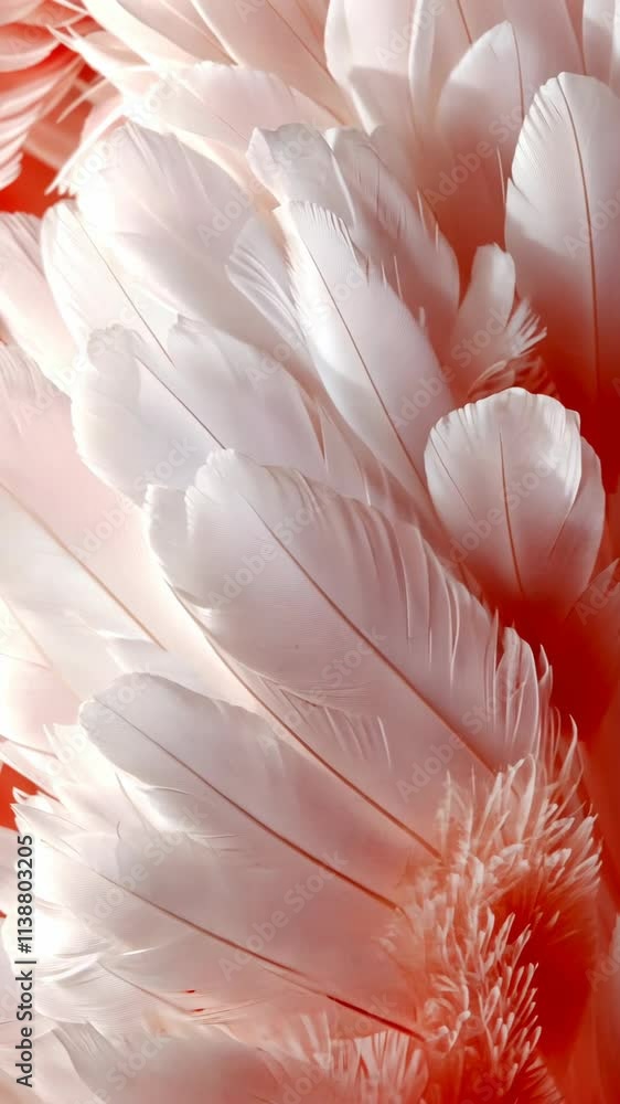 Poster white feathers arranged in a delicate pattern against a vibrant coral background showcasing intricat