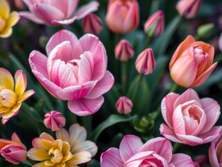 Fototapeta premium Close-up of delicate pink and white ranunculus flowers blooming in a garden, beautiful, romantic, fresh