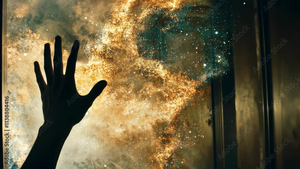 Poster hand reaching toward a cosmic nebula in a dark and mysterious space setting