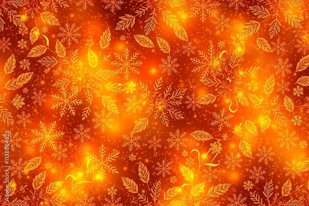 Poster golden snowflake dreams: a mesmerizing pattern of delicate snowflakes and leaves in gold shimmers on