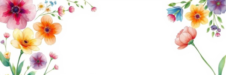 Colorful watercolor illustration of various flowers including roses, tulips, and daisies, perfect for spring designs or greeting cards, watercolor, illustration, artistic