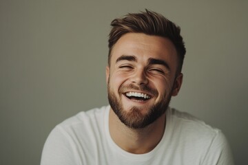 Joyful laughter captured in a close-up of a young man enjoying a carefree moment indoors on a soft, neutral backdrop