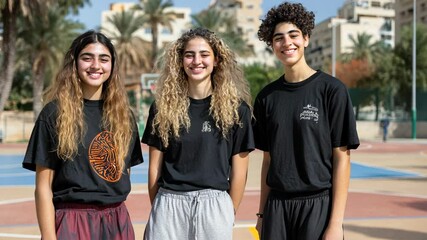Three young athletes pose together on a sunny basketball court wearing black shirts and grey shorts