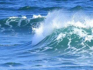 Crashing blue ocean wave with white foam, blue, summer