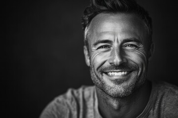 Obraz premium Captivating smile of a middle-aged man radiating warmth and confidence in a soft-lit studio setting during an intimate portrait session
