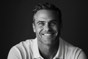 Obraz premium Smiling man exudes warmth and confidence in a monochrome setting while wearing a casual white shirt and captivating viewers with his charming demeanor