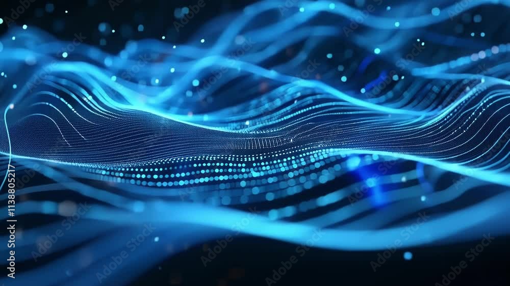 Poster digital particles are flowing and creating an abstract wave landscape, representing the concept of f