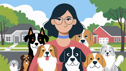 Naklejka premium Happy Woman Surrounded by Adorable Dogs in a Neighborhood