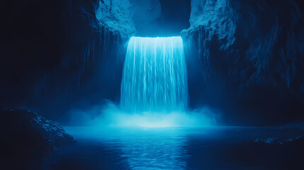 A neon blue waterfall cascading into a glowing pool within a dark, cavernous landscape. Cavernous. Illustration
