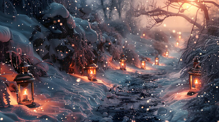 candle lantern / lamp in deep snowy landscape.