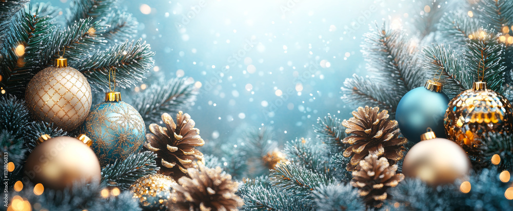 Poster a christmas tree with many ornaments and pine cones. the tree is surrounded by snow and the ornament