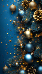 A Christmas tree with gold and blue ornaments and a star on the left side. The tree is surrounded by a blue background