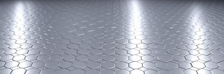 Hexagonal abstract metal background with soft glowing light, silver, shiny, grid