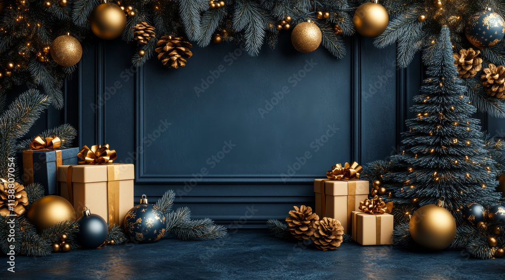 Poster a blue background with a christmas tree and a large frame with a gold border. the frame is empty