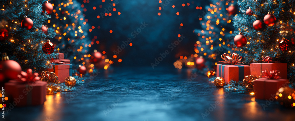 Poster a blue background with a christmas tree and red balls. the background is lit up with lights. there a