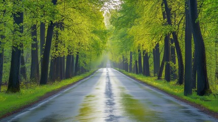 Road in the spring forest in rain. Perfect asphalt mountain road in overcast rainy day. Roadway with reflection and pine trees. Vintage style.  Transportation. Empty highway in foggy woodland. Travel