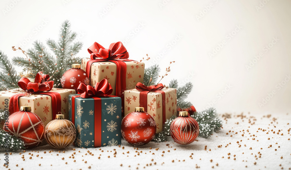 Poster a pile of presents with red ribbons and a white background. the presents are of different sizes and 