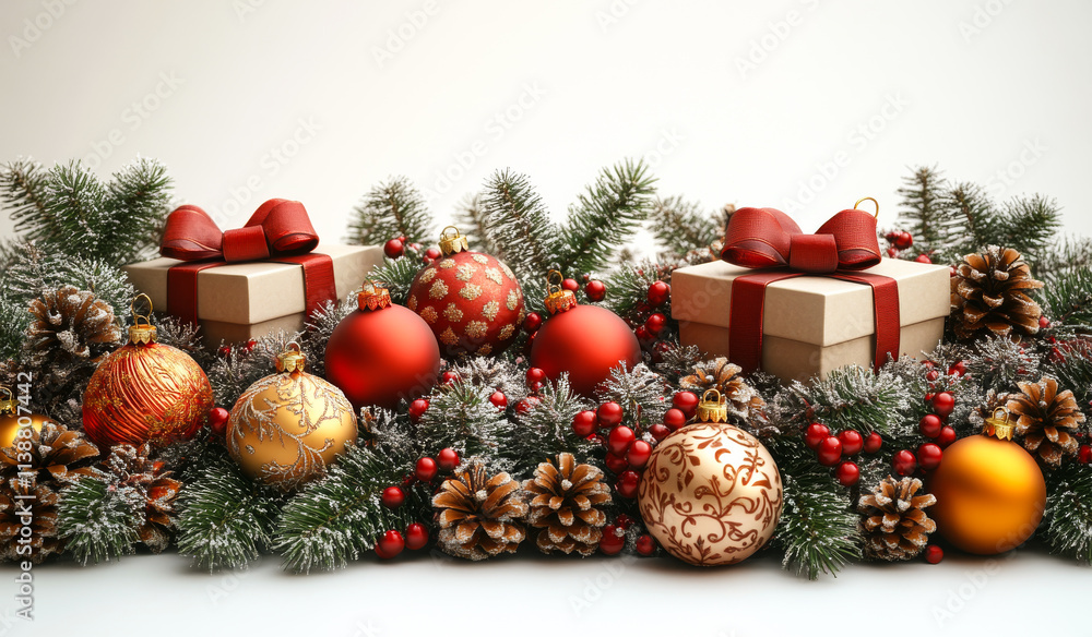 Poster a christmas tree with a white background and a red bow. there are two boxes on the tree, one of whic