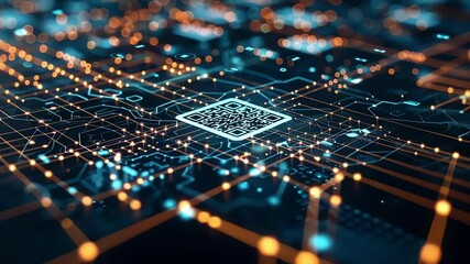 Interconnected glowing lines form futuristic circuit board with qr code, integrating digital info and advanced tech - Powered by Adobe