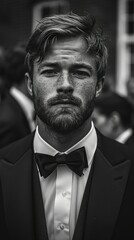 A serious portrait of a man in formal attire with a bow tie, set in a blurred crowd.
