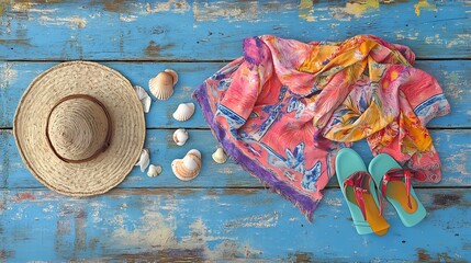 Vibrant Summer Beach Accessories on Weathered Blue Wooden Background with Seashells, Sun Hat, Colorful Scarf, and Stylish Flip-Flops Ready for a Tropical Getaway