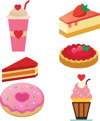 Valentine's day sweets set - marshmallow, hard candy, dragee, cake pop, jelly, peppermint candy, chocolate cookies, cupcakes vector illustration.on white.