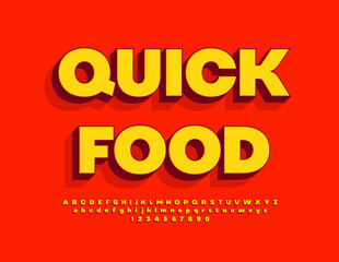 Vector advertising banner Quick Food with 3D stylish Font. Bright set of Alphabet Letters and Numbers