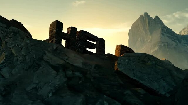 A large rock with the word HELP written on it. The letters are large and bold. The rock is on a hill and the sun is shining on it