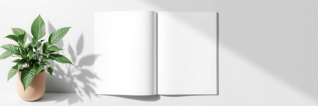 Open magazine mockup featuring plant shadows on a customizable background, modern, background, layout