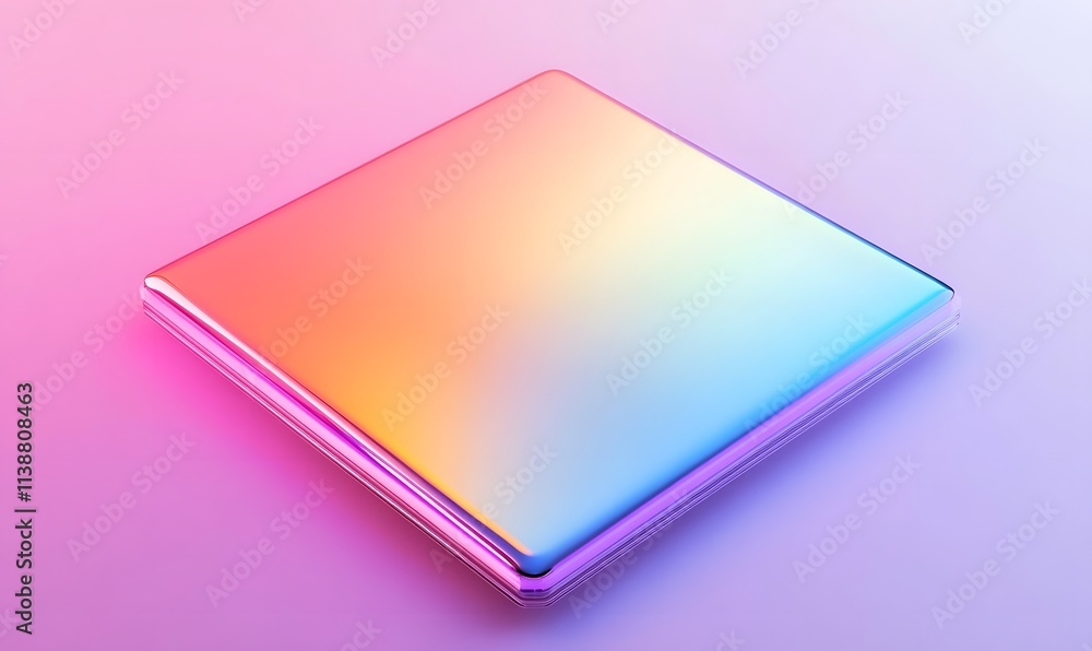Poster reflective iridescent square with smooth gradient on soft background.