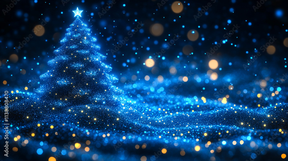 Poster a christmas tree is lit up in the snow. the snow is illuminated by the lights on the tree, creating 