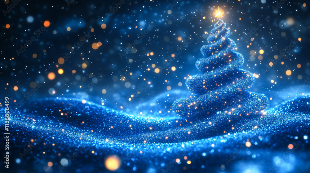 Poster a christmas tree with a star on top is surrounded by snow. the snow is falling and the tree is lit u
