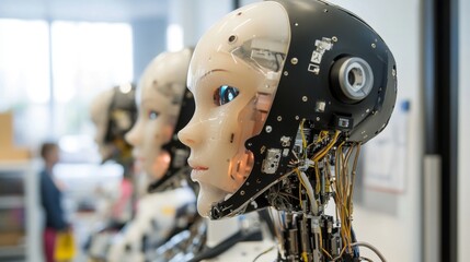 Fototapeta premium AI management work robots on factory. Humanoid robot with artificial intelligence or AI controls robotics arms on factory or manufacture. Industry 4.0. AI technology in industrial revolution. Concept