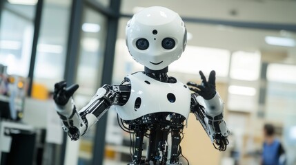 AI management work robots on factory. Humanoid robot with artificial intelligence or AI controls robotics arms on factory or manufacture. Industry 4.0. AI technology in industrial revolution. Concept