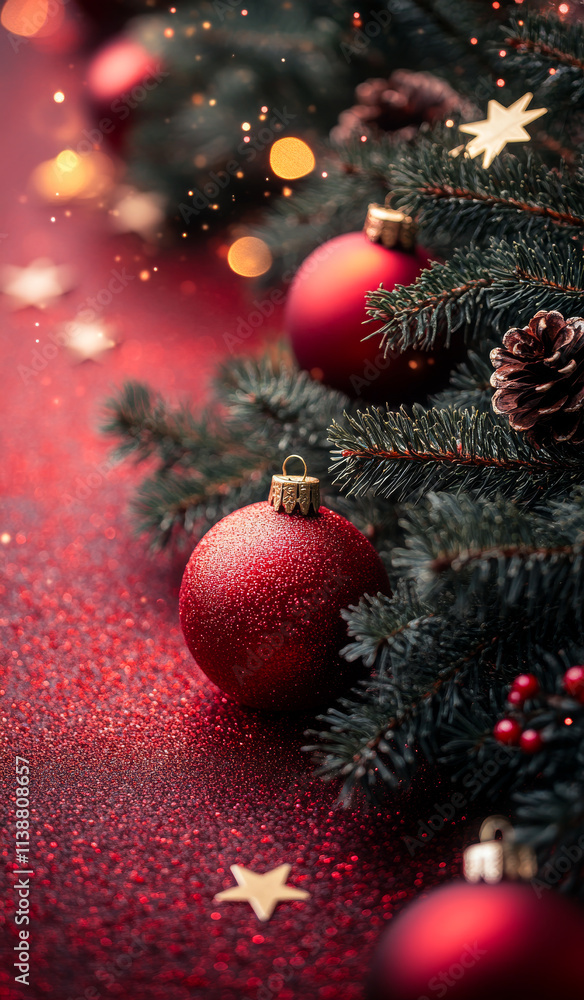 Poster a red ornament hangs from a christmas tree. the tree is surrounded by a red background. the red and 