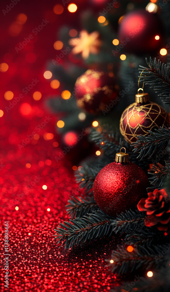 Poster a red background with a christmas tree in the foreground. the tree is decorated with many red and go